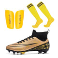 Sapatos de futebol masculino para adultos e crianças, guarda de plástico, botas de futebol, meias de futebol, TF, treinamento FG, tamanho 34-46, 3 em 1 Importe Go ZH1126-C-Gold 34 